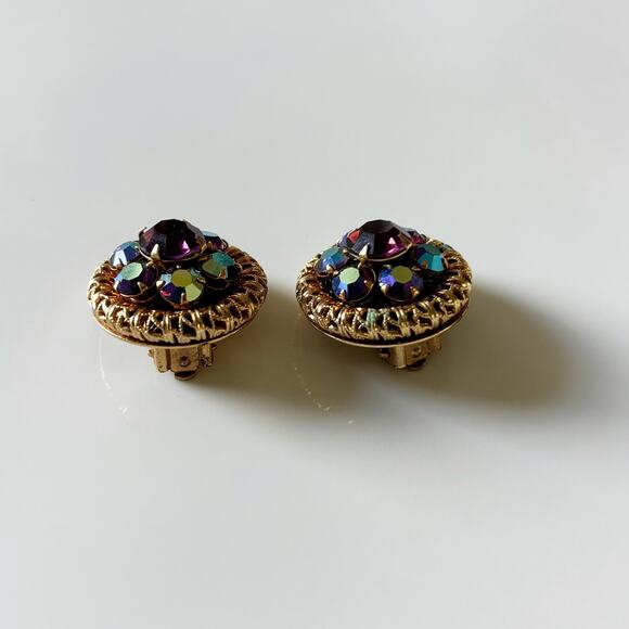 Vintage Aurora Borealis Rhinestone Clip On Earrings Blue Gold - Picture 6 of 11